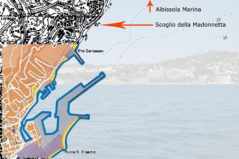 11porto50.jpg - Questa cartina, degli anni cinquanta, mostra Il porto che arriva fino a punta Garbasso. 
