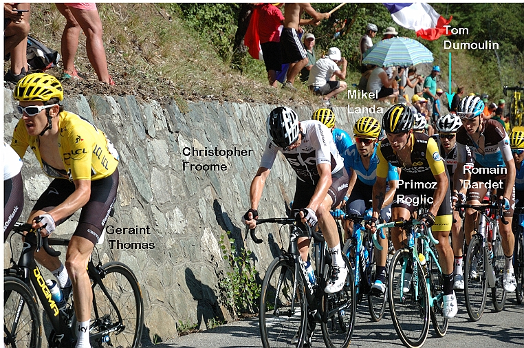 DSC_5978-nomi.jpg - Da sinistra ancora Christopher Froome, il basco Mikel Landa (Team Movistar), Primoz Roglic, l’olandese Tom Dumoulin (Team Sunweb) e Romani Bardet.