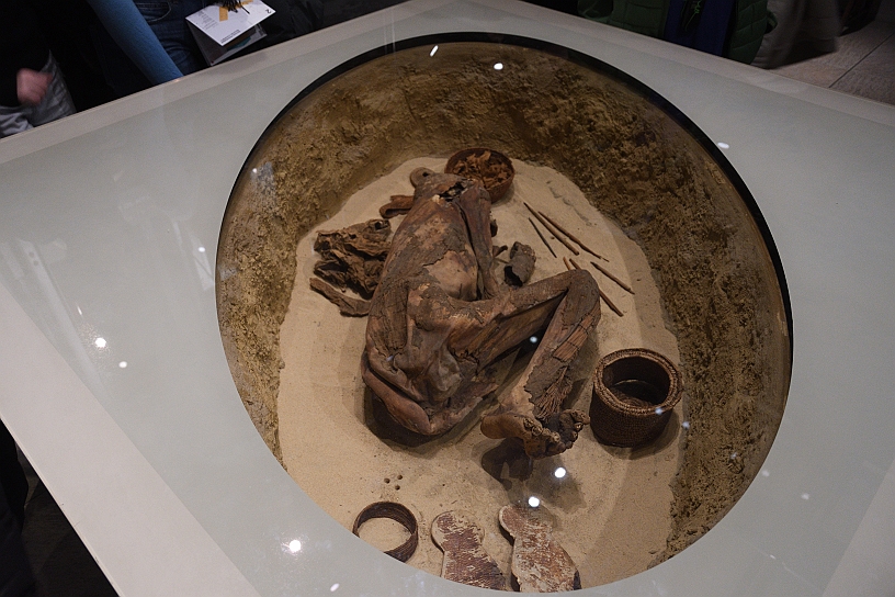 02_MAK_5637.jpg - Sepoltura antecedente alla conservazione dei cadaveri nei sarcofagi, risale al periodo precedente le dinastie tra il 3700 e il 3500 a.C. conosciuta come la mummia di Gebelein è di un uomo di circa quarant’anni, è arrivata fino a noi grazie a particolari condizioni ambientali che ne hanno permesso la conservazione.